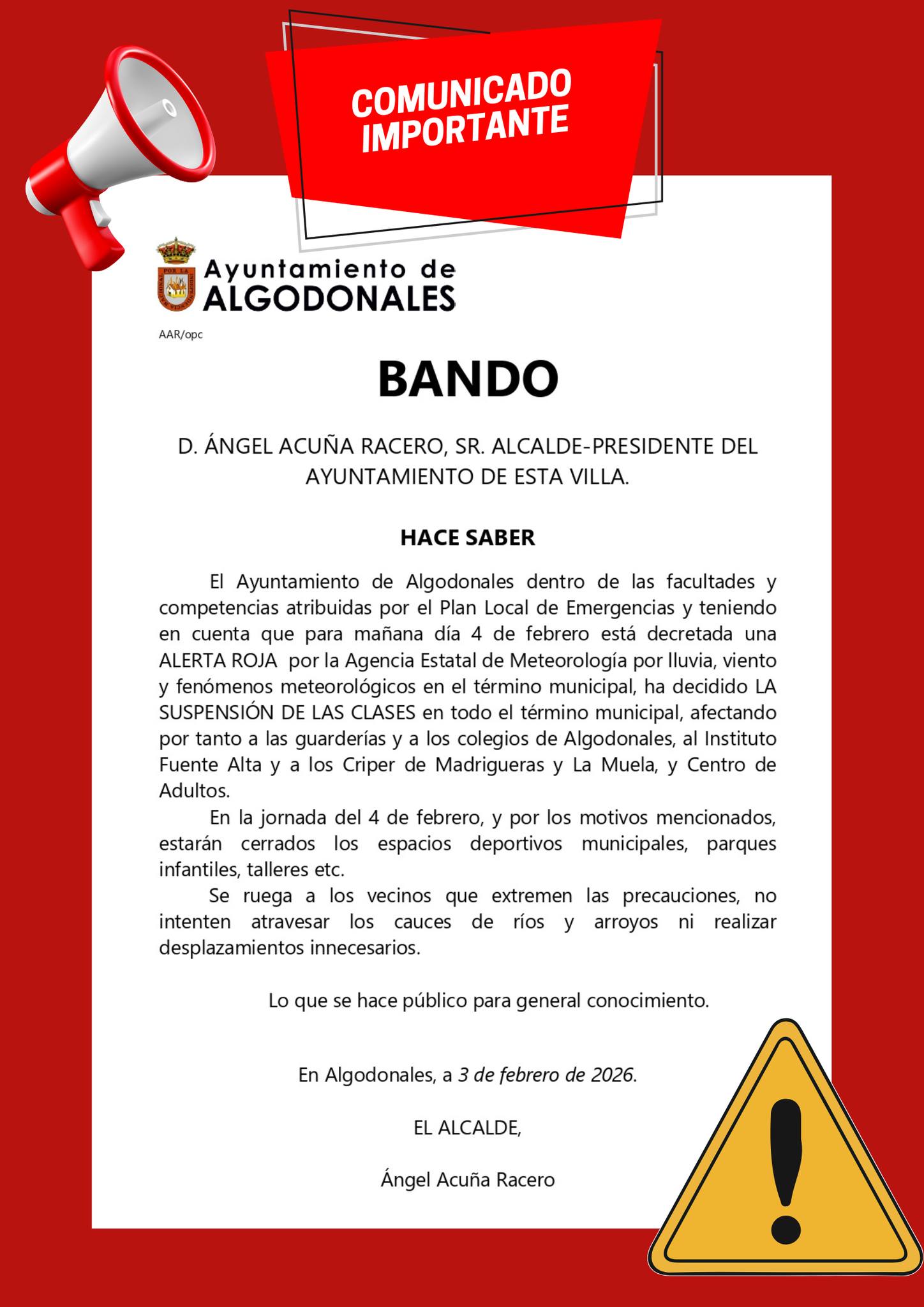 Suspensión de clases por alerta roja